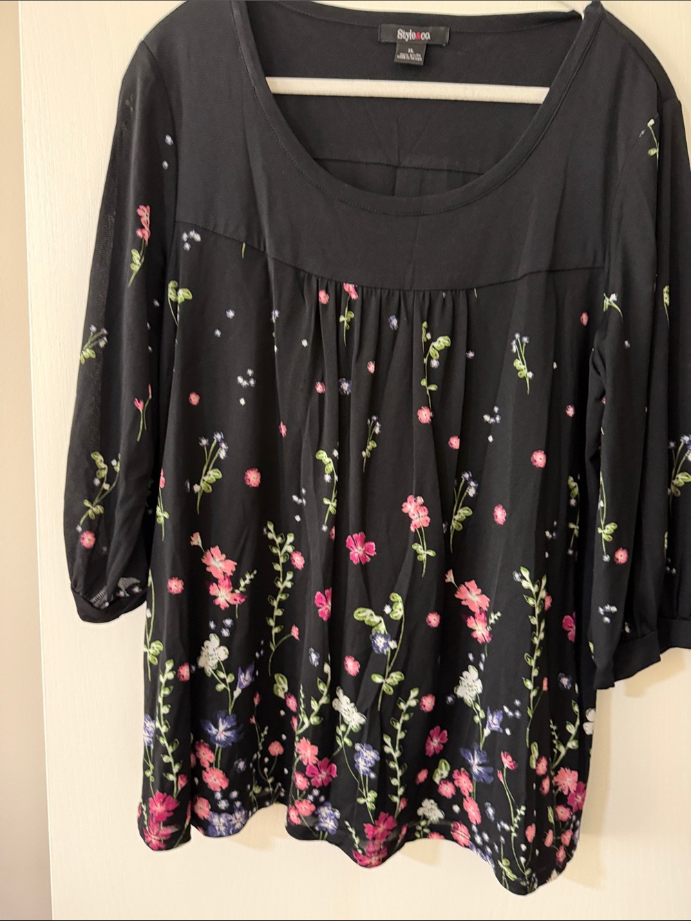 Style & Co. Black Floral Scoop Neck Tunic with Pink & Green Bloom